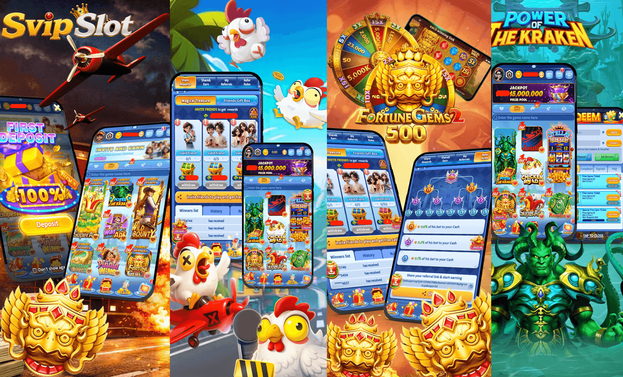 Svip Slot lobby still – first-deposit tile, Magical Treasure, Fortune Gems 2, Power of the Kraken