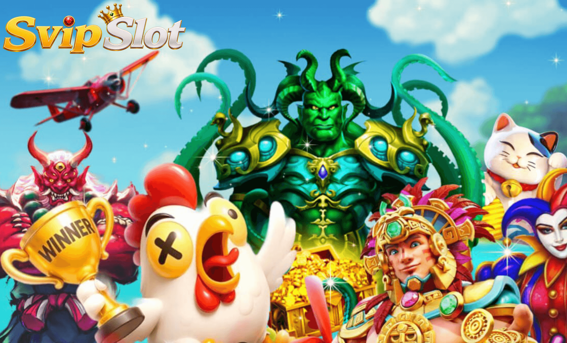 Svip Slot character cast – Kraken figure, Fortune Gems chicken, lucky cat, trophy, coin chest